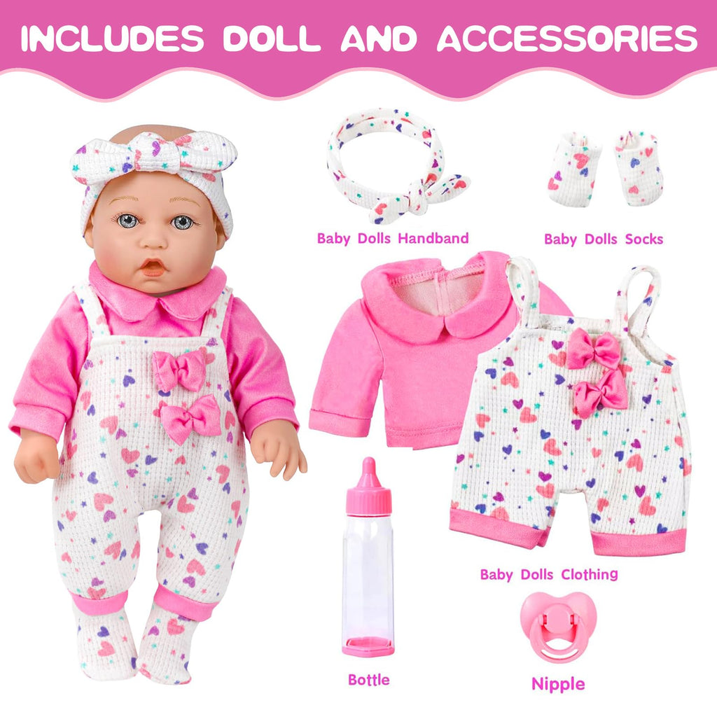 XFEYUE 12" Baby Doll with Pink Bowknot Clothing Set,12 Inch Realistic Baby Dolls with Clothes and Accessories,Pacifier Bottle Toy Pretend Play Collection for 3+ Child Girls Gifts