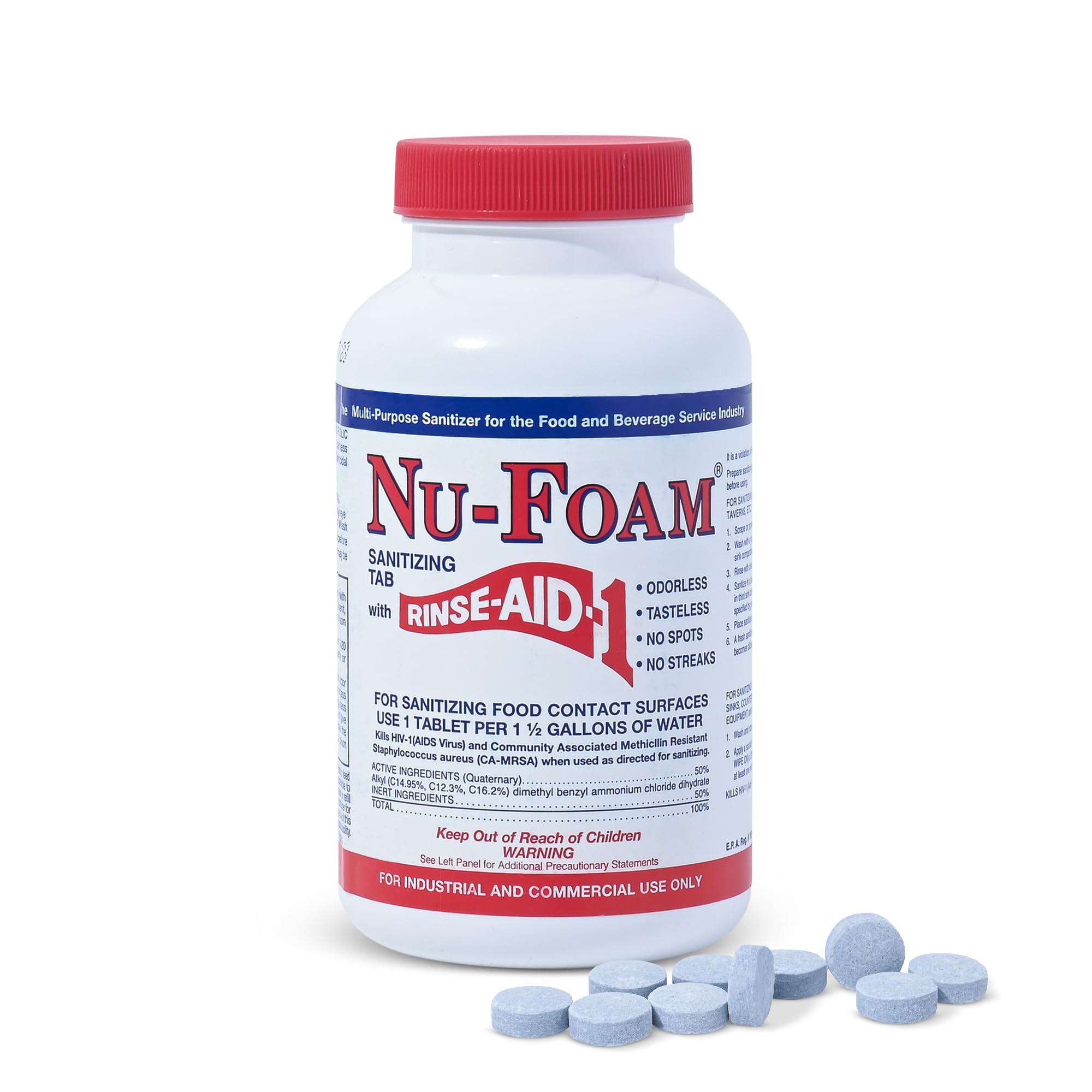 Nu-Foam Sanitizing Tablets for Bar Glassware – EPA Approved Rinse Aid Sanitizer, 100 Tablets (600 Quarts) – Streak-Free, No Taste/Odor – Professional Bar, Tavern, Brewery Glass Cleaner