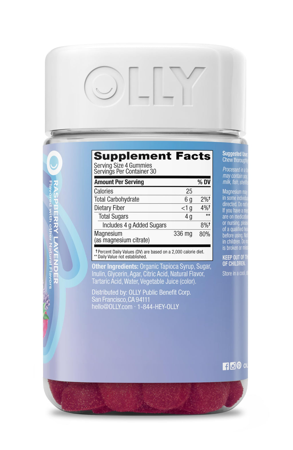 OLLY Relaxing Magnesium Gummies, Supports Muscle Relaxation,* Magnesium Citrate, Raspberry Lavender Flavored, 30 Day Supply - 120 Count