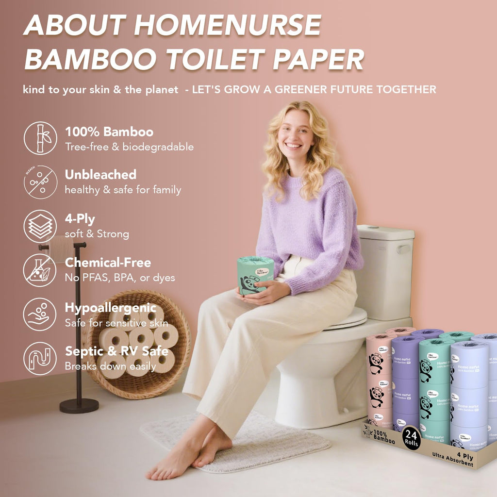 Home Nurse 4-Ply Bamboo Toilet Paper 24 Rolls, Unbleached Septic Safe Toilet Paper, No Lint Strong Absorbent, Chemical Free Eco Friendly Tree Free Bulk Toilet Paper