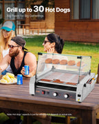 VEVOR Hot Dog Roller, 30 Hot Dog 11 Rollers, Stainless Steel Sausage Grill Cooker, 1600W Commercial Hot Dog Machine with Dual Temp Control, Cover, Side Storage Box, Removable Shelf & Oil Drip Tray
