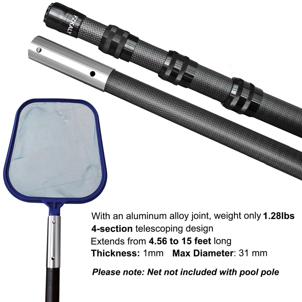 Fzkaly Carbon Fiber Pool Pole, Professional 15 FT Telescoping Swimming Pool Cleaning Pole 4.6 to 15 FT, Ultra-Lightweight 4-Section Adjustable Skimmer Pole for Nets, Brushes, Vacuums – Rustproof