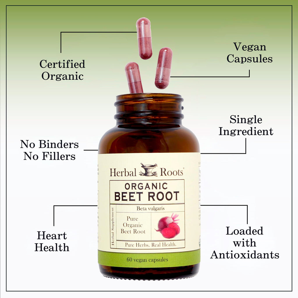 Herbal Roots Organic Beet Root Powder Capsules - 1,500mg per Serving - Certified USDA Organic - Non-GMO - 60 Count Vegan Capsules