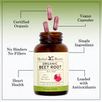 Herbal Roots Organic Beet Root Powder Capsules - 1,500mg per Serving - Certified USDA Organic - Non-GMO - 60 Count Vegan Capsules