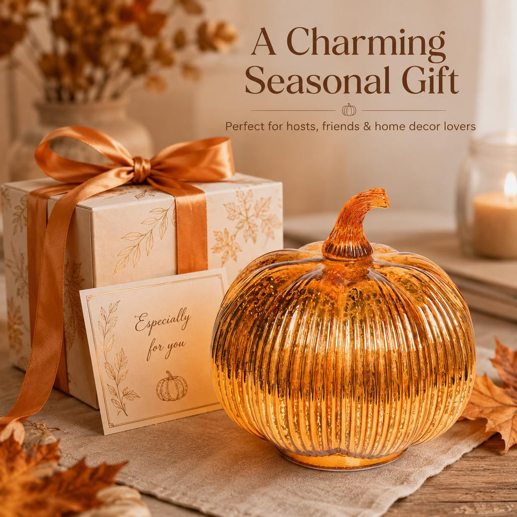 Gold Mercury Glass Pumpkin Light with 2 Lighting Modes and 6-Hour Timer, 5.5 x 6 Inch Battery Operated Fall Decor for Thanksgiving and Christmas Table Centerpiece