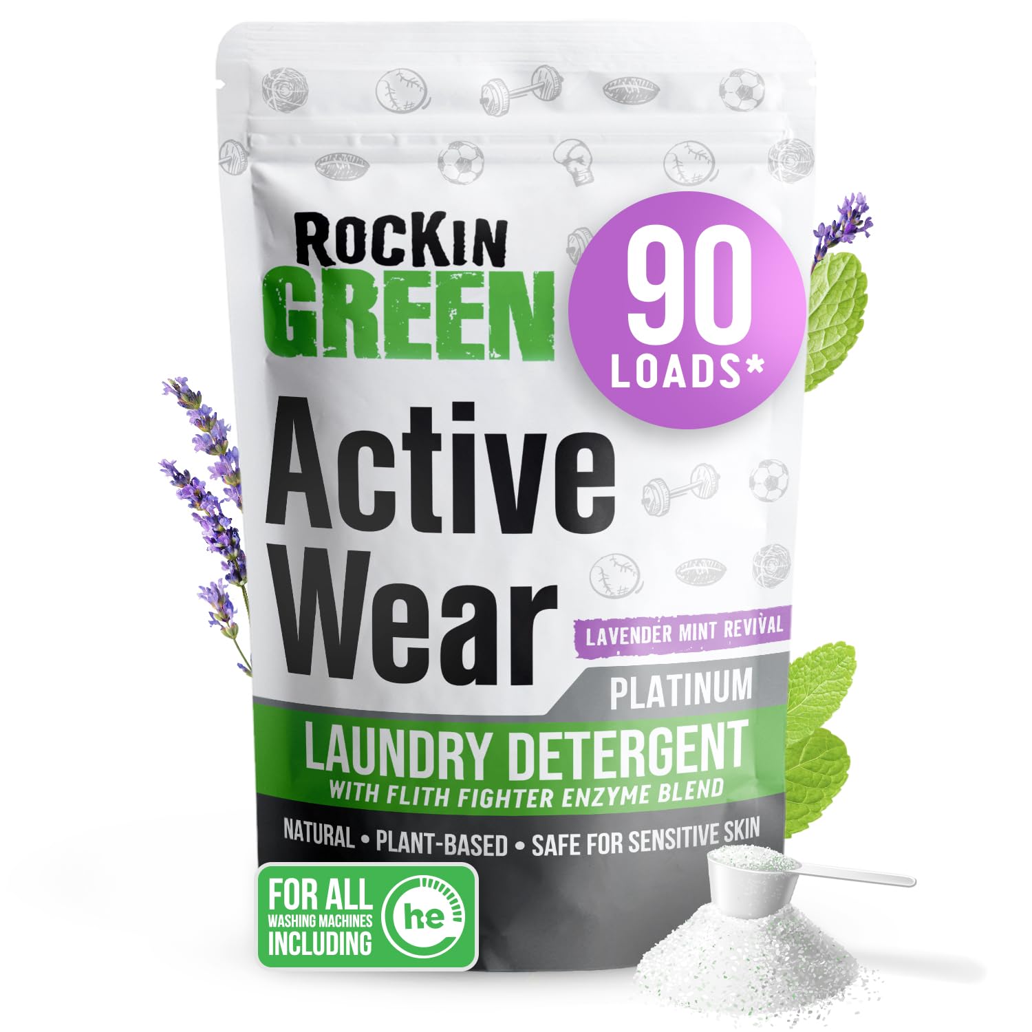 Rockin' Green Laundry Detergent, Plant based, All Natural Laundry Detergent Powder, Vegan and Biodegradable Odor Fighter, Safe for Sensitive Skin (Active Wear 90 Loads - Lavender Mint)