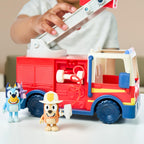 Bluey Firetruck Toy with Firefighter Bingo, Bob Bilby Figures | Extendable Ladder & Hose | Includes Stickers - Perfect for Kids Ages 3+