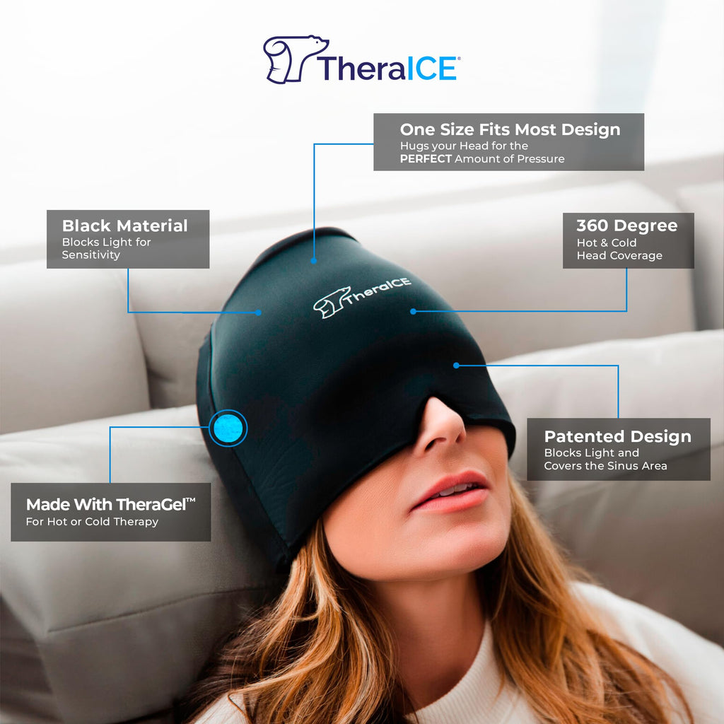 TheraICE Migraine Relief Cap | Soothing Headache Hat Ice Pack Mask | Face Cold Compress Cooling Gel Head Wrap Products for her Sinus Tension Stress Hangover & Puffy Eyes | Great Birthday Gift for Mom