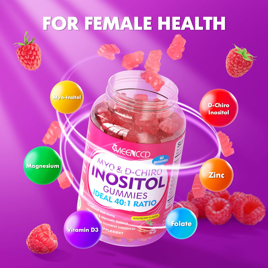 MEENCCD 2 Pack Myo-Inositol & D-Chiro Inositol Gummies, 40:1 Ratio Inositol with Vitamin D3, Magnesium Glycinate, Folate & Zinc, Inositol Supplement for Female Health, Raspberry Flavor, 120 Count
