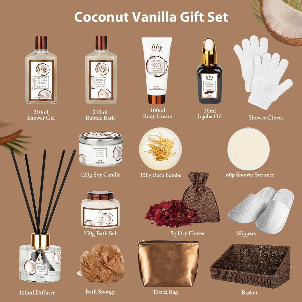 Coconut Vanilla Spa Gift Set, Complete Spa Gift Baskets for Women & Men