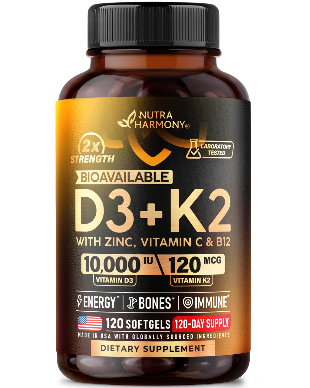 Vitamin D3 K2 - Vitamin D3 10000 iu & K2 120 mcg - Immune & Mood Support, for Bone & Teeth Health - with Zinc, Vitamin C & B12 - Highly Bioavailable - For Men & Women - Made in USA, 120 Softgels