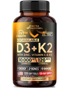 Vitamin D3 K2 - Vitamin D3 10000 iu & K2 120 mcg - Immune & Mood Support, for Bone & Teeth Health - with Zinc, Vitamin C & B12 - Highly Bioavailable - For Men & Women - Made in USA, 120 Softgels
