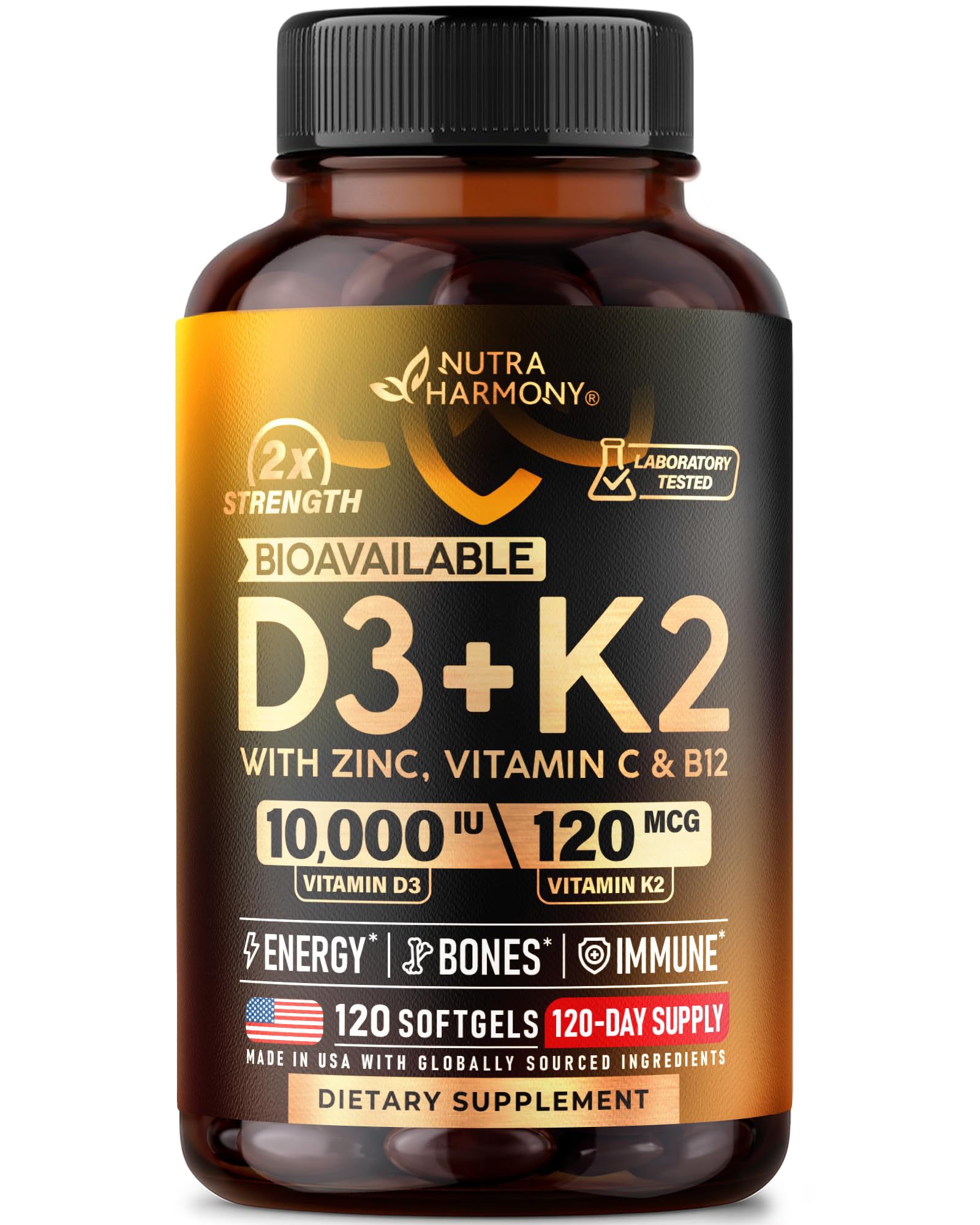 Vitamin D3 K2 - Vitamin D3 10000 iu & K2 120 mcg - Immune & Mood Support, for Bone & Teeth Health - with Zinc, Vitamin C & B12 - Highly Bioavailable - For Men & Women - Made in USA, 120 Softgels