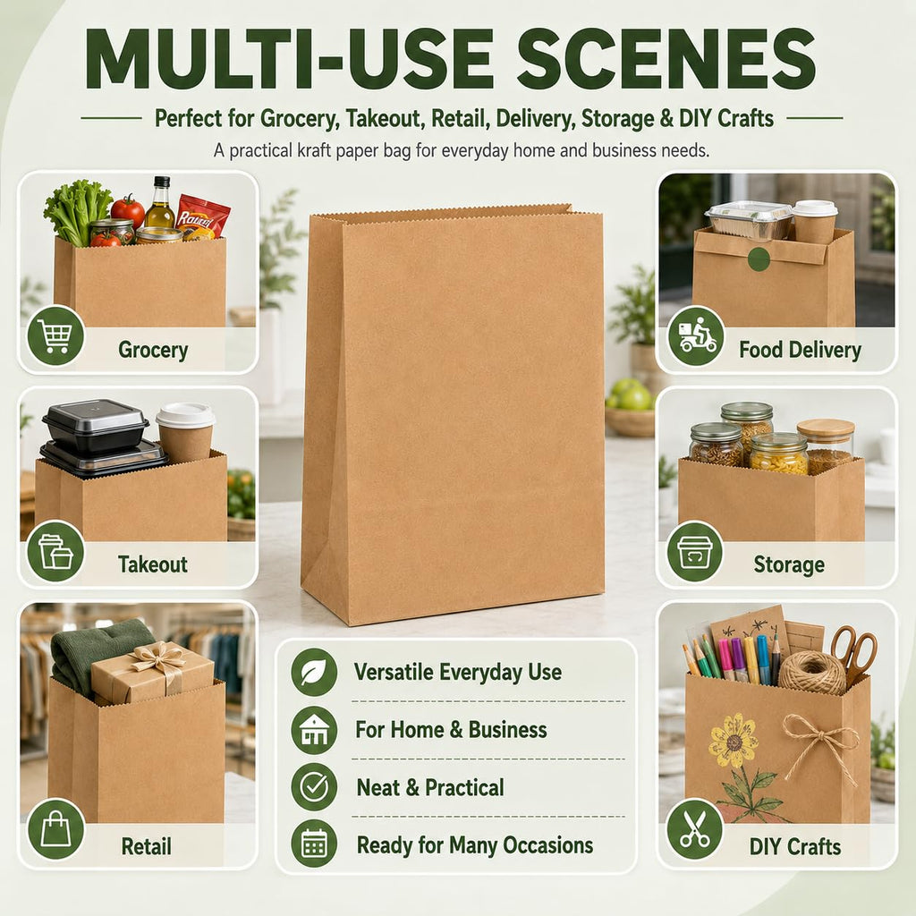 MESHA Paper Grocery Bags 12 x 7 x 17 Inches, 100 Pack Heavy Duty 60 lb Kraft Brown Paper Bags Bulk, Large Grocery Sacks for Shopping, Takeout, Restaurant, Retail, Storage and DIY Crafts
