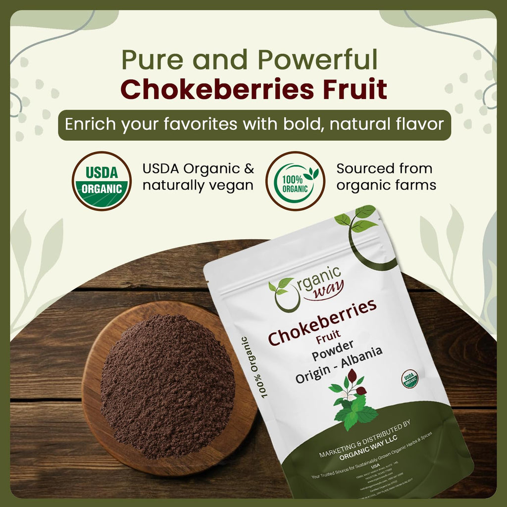 Organic Way Chokeberries Fruit/Aronia Berry Powder - European Wild-Harvest | Organic & Kosher Certified | Non GMO & Gluten Free | USDA Certified | Origin - Albania (8 Oz)