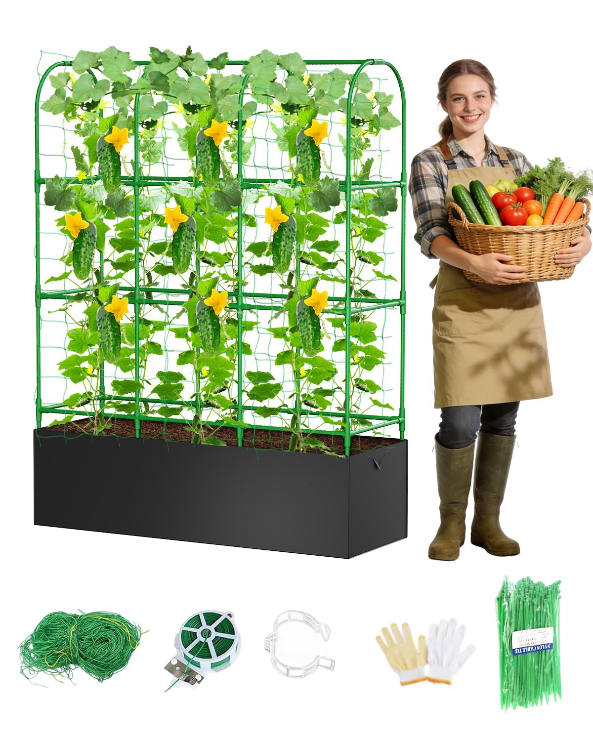 Cucumber Trellis with for Climbing Plants, Garden Trellis with Grow Bags, Metal Plant Trellis with Garden Netting for Vegetables Flowers Fruits (U-4 Arches)