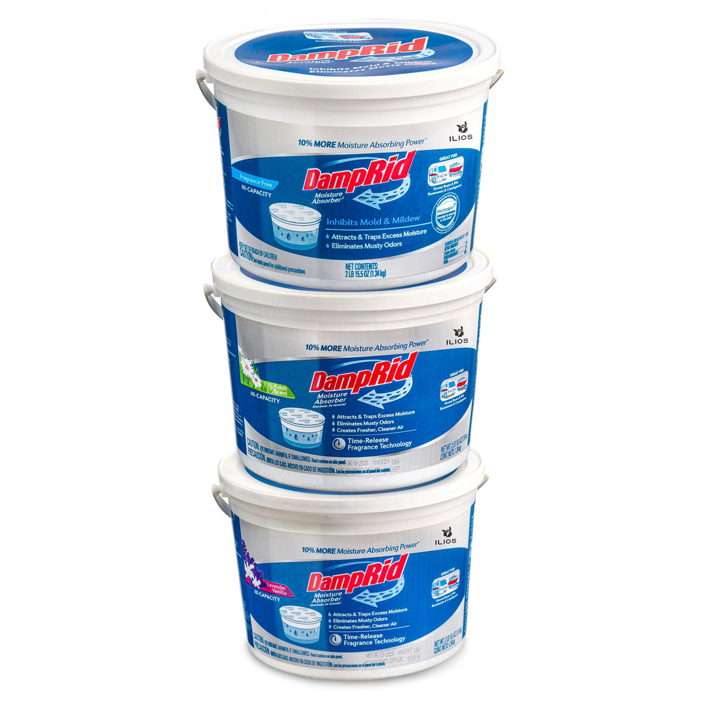 DampRid Hi-Capacity Moisture Absorber Damp Rid Bucket - 3 Pack (2 lb. each) Fragrance Free, Fresh Scent, Lavender Vanilla - Attracts & Traps Excess Moisture. Packed By ILIOS