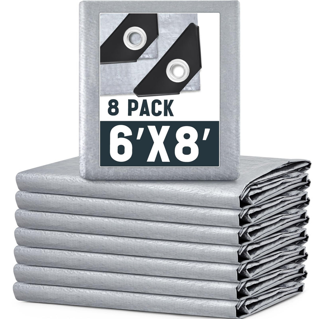 GliCraft 8 Pack Silver Tarps 6 x 8 ft, 5.5 Mil Waterproof Reflective Tarps, UV Resistant Sun Shade Tarp, Heavy Duty Roof Tarp for Roof Protection, Boat Cover, Rv Cover, Cars, Patio Furniture, Camping