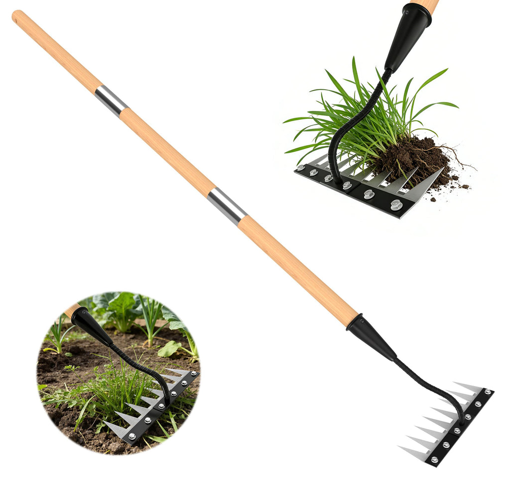 ATLRGISL Iron Weeding Rake with Wooden Long Handle 2.0, 8 Teeth Weed Puller Tool Heavy Duty, Manual Gardenia Weed Rake Tool for Yard, Lawn and Garden, 56Inch