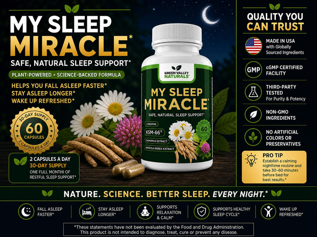 GREEN VALLEY NATURALS My Sleep Miracle Vegan Sleep Support Supplement | Melatonin-Free Formula | Ashwagandha, Chamomile & L-Theanine | Promotes Calm, Relaxation & Restful Sleep | 60 Capsules