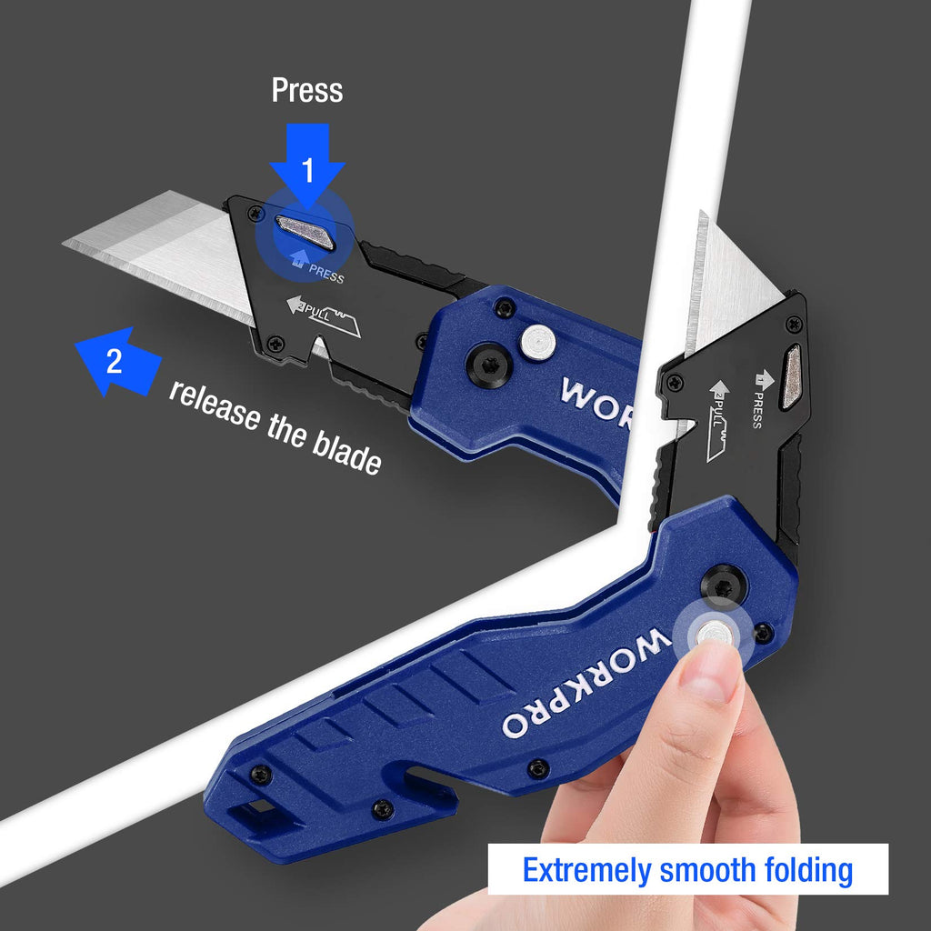 WORKPRO Folding Utility Knife, Box Cutter with Belt Clip, Quick-Change Blade, Lightweight Nylon Handle, Wire Stripper & Gut Hook, Extra 10 SK5 Blades Included, Blue