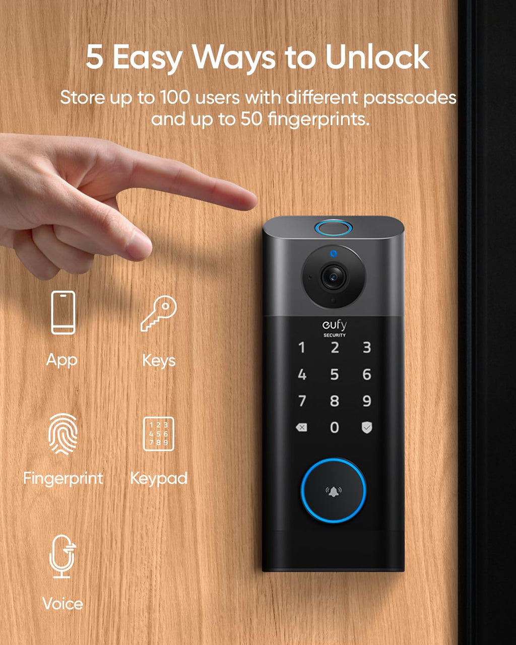 eufy Security Video Smart Lock S330, 3-in-1 Camera+Doorbell+Fingerprint Keyless Entry Door Lock, Smart Wi-Fi Deadbolt for Front Door, 8 GB Built-in Storage, SD Card Expandable, Chime Included