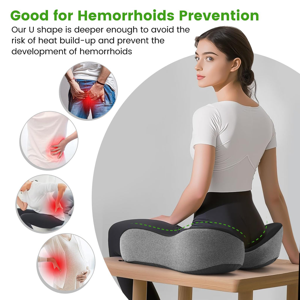 anzhixiu Wheelchair Seat Cushion, Deep U Relieve Sciatica, Back, Coccyx, Hemorrhoids Pain- Slope Curve Office Chair Cushion for Long Sitting Time- Black/Gray