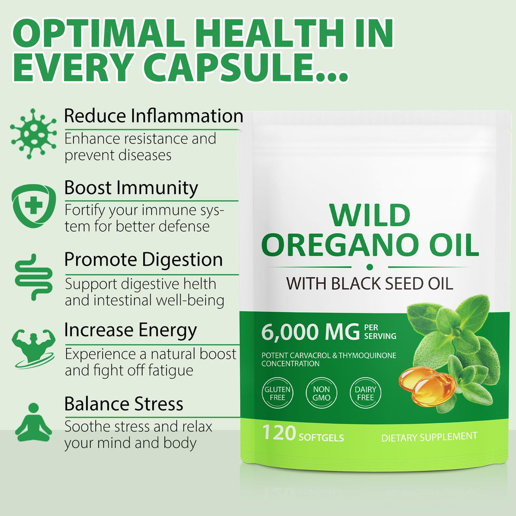 Cacukn Oil of Oregano Capsules with Black Seed Oil, 6000mg Oregano Oil & 200mg Black Seed Oil per Serving, Immune Support, Non-GMO, Gluten Free, 240 Softgels