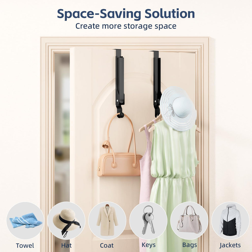 2 Pack Heavy Duty Over The Door Hooks, Over The Door Clothes Hanger, Over The Door Hanger, Foldable Over The Door Drying Rack for Laundry, Over Door Hook for Hanging Clothes,Rust-Resistant,Black