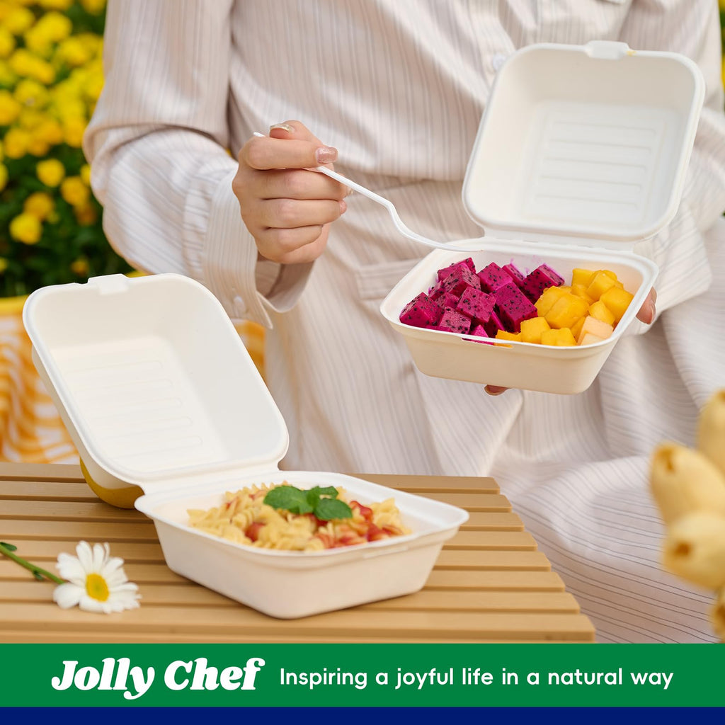 JOLLY CHEF Clamshell Take Out Food Containers, [6 * 6" 200-Pack] To Go Containers Disposable, Sugarcane To Go Boxes for Salad,Lunch