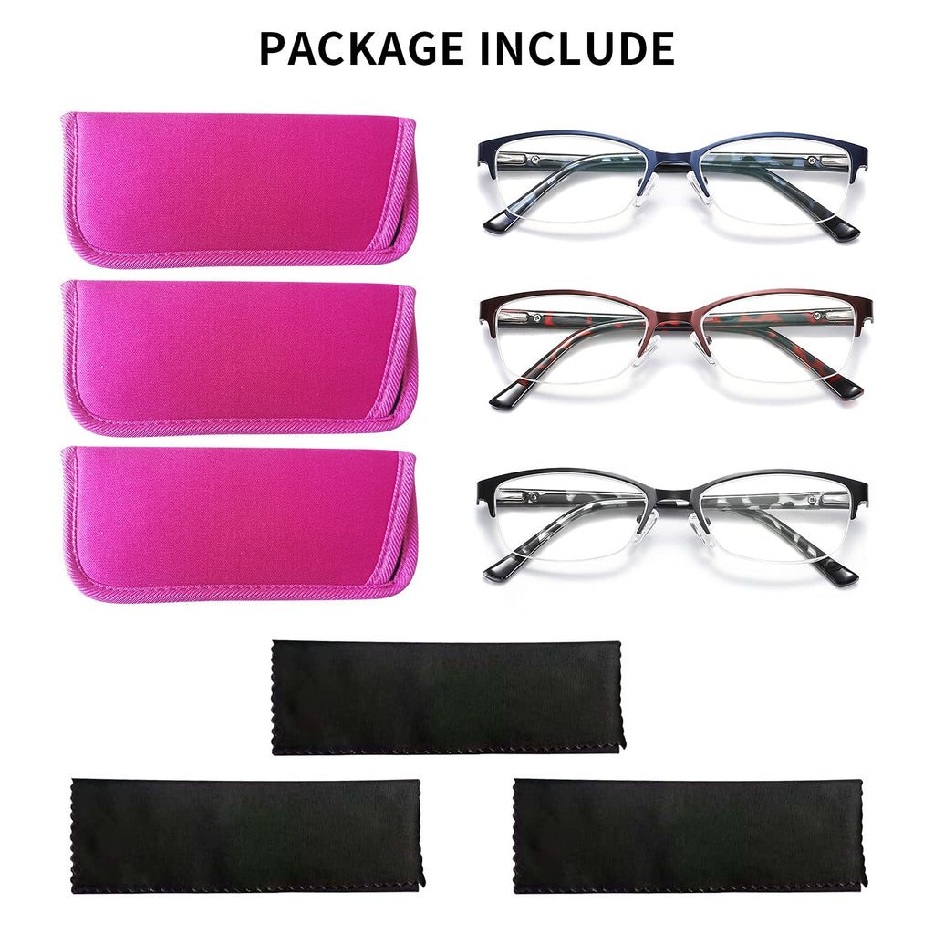 CRGATV 3-Pack Reading Glasses for Women Blue Light Blocking Metal Half Frame Computer Readers Anti UV/Eye Strain/Glare (+2.5 Magnification Strength)