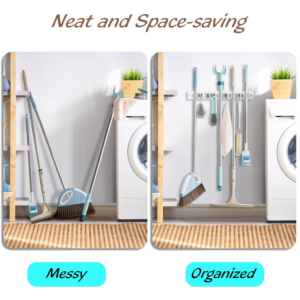 OUTNILI Mop and Broom Holder Wall Mount - White Broom Mop Hanger - Wall Mounted Garden Tool Rack Organizer for Closet Garage Laundry Room Kitchen Decor With 5 Slots & 4 Hooks