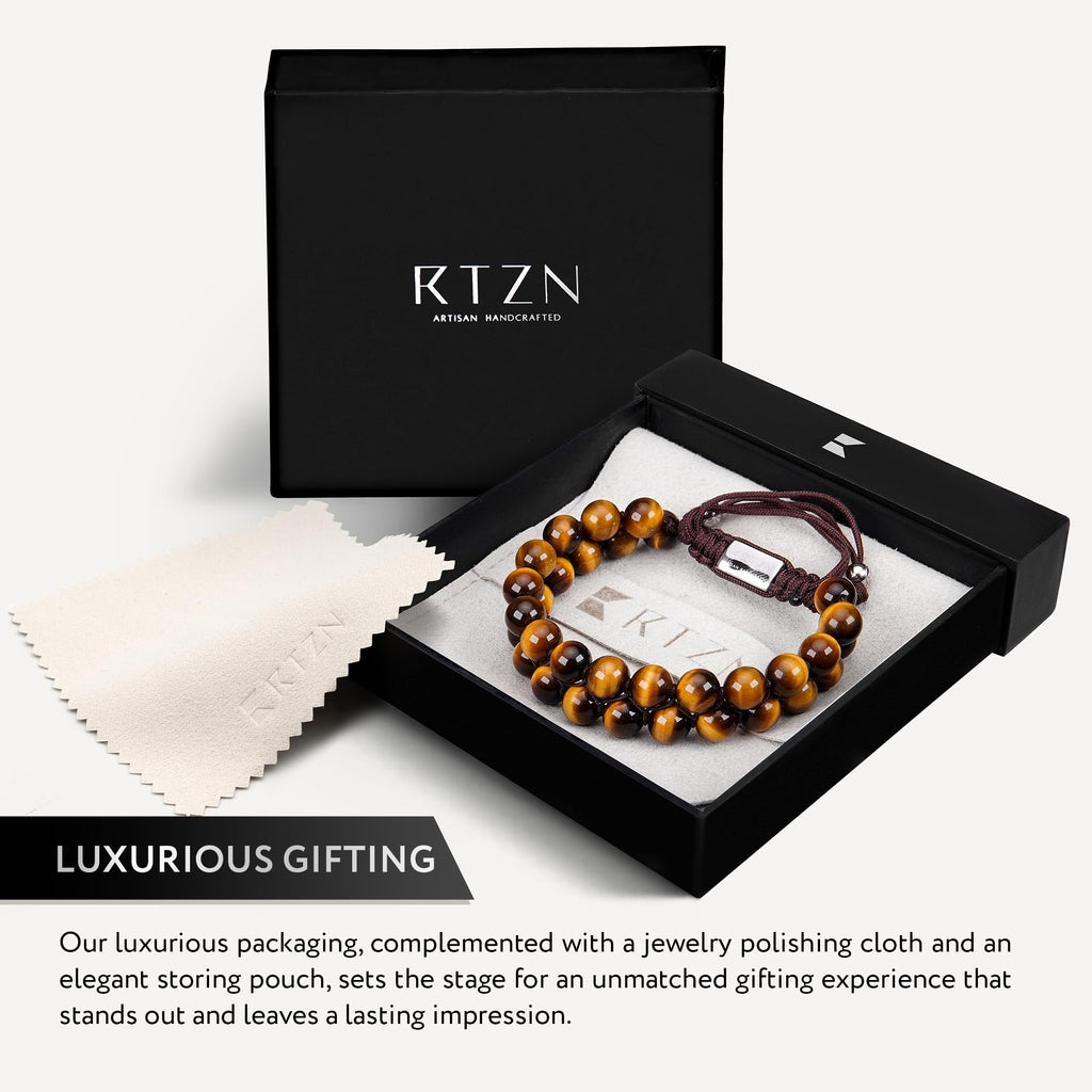 RTZN® Tigers Eye Bracelets for Men – Premium Artisan Handcrafted Golden Brown Tiger Eye Bead Bracelets – Natural Stone Tiger Eye Bracelet Men Beaded Bracelets (Morocco)