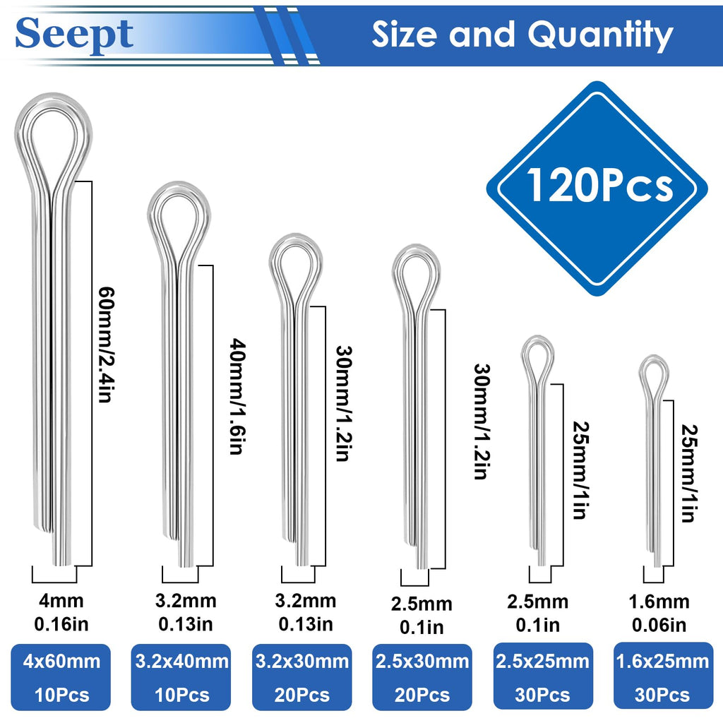Seept 120Pcs Cotter Pins 304 Stainless Steel Cotter Pins Assortment Kit Tractor Pin Used for Hitch Pin Lock System, Trucks, Engine Repair in Towing Hitch Clips & Pins