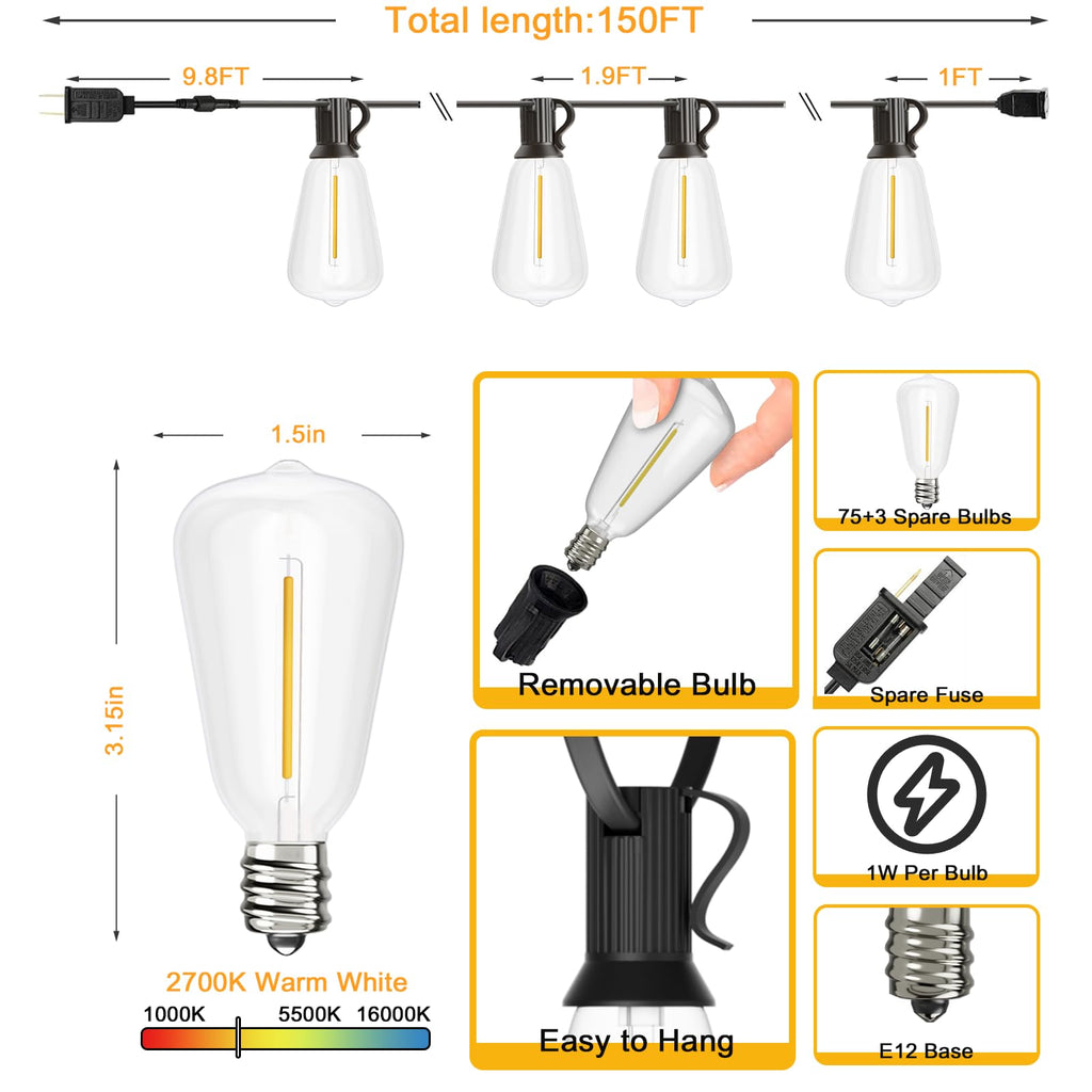 Svater Outdoor String Lights 150 FT, ST38 Patio Lights with 78 pcs Shatterproof Dimmable Vintage Edison Bulbs, Weatherproof Warm White Light for Patio, Backyard, Garden, Bistro