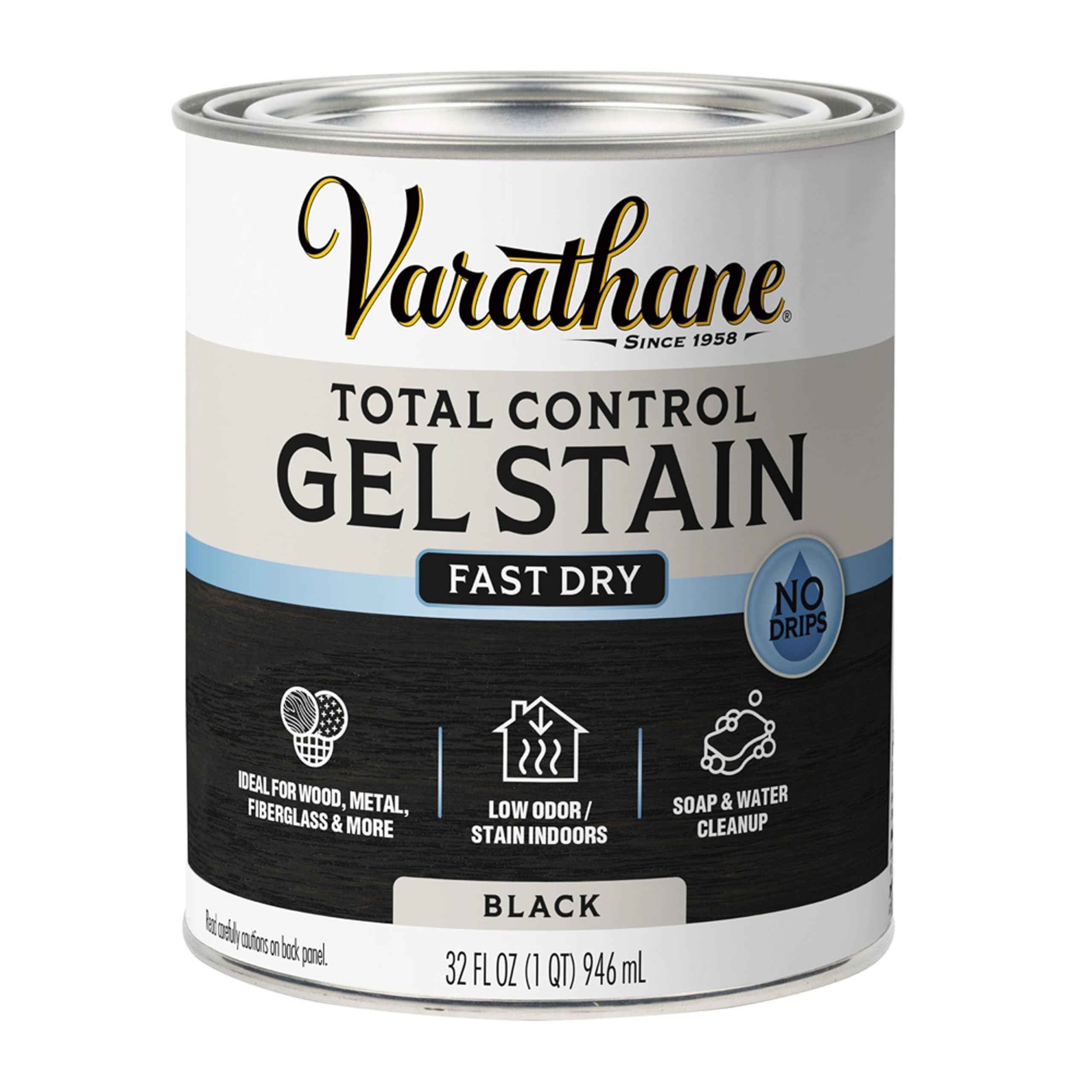 Varathane Total Control Gel Stain | Low Odor Water-Based Formula | Thick Gel Formula for Vertical Surfaces | Ideal for Wood, Metal & Fiberglass | Quart | Black