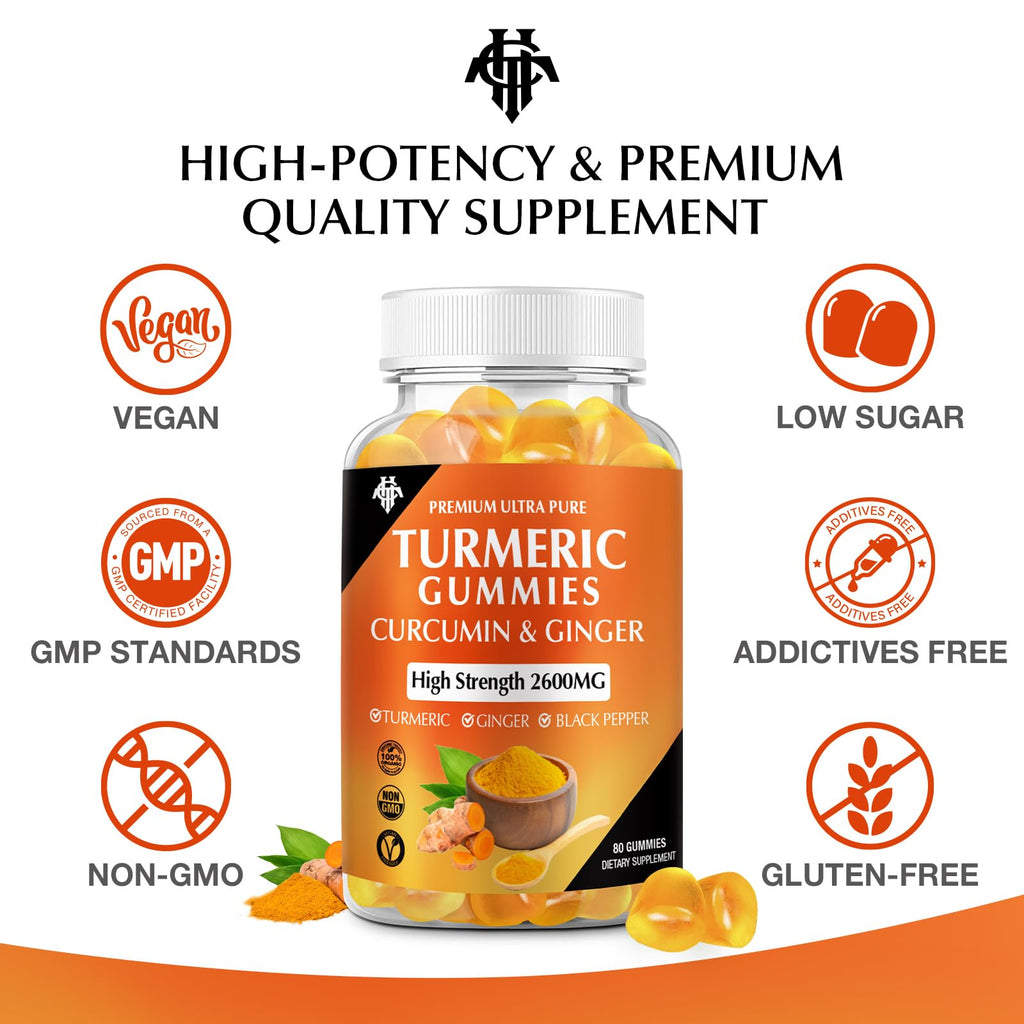 Turmeric Curcumin Gummies (2 Pack) - Turmeric Curcumin Supplements with Ginger & Black Pepper Gummies for Immune Muscle Support Healthy Skin - Vegan, Gluten Free, Low Sugar - for Adults