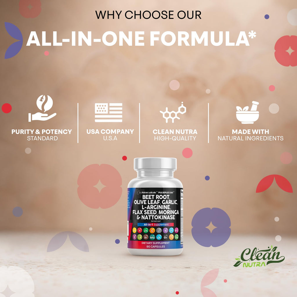 Clean Nutraceuticals Beet Root Capsules Olive Leaf Nattokinase Garlic Extract L-Arginine Omega 3 Red Yeast Rice Hibiscus Danshen - Healthy Support Supplement - 90 Ct