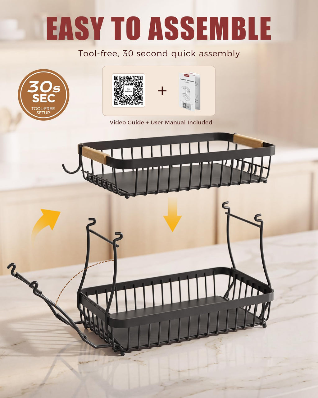 Sevenblue 2-Tier Fruit Basket with Banana Hangers, Detachable Metal Bowl