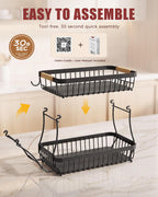 Sevenblue 2-Tier Fruit Basket with Banana Hangers, Detachable Metal Bowl