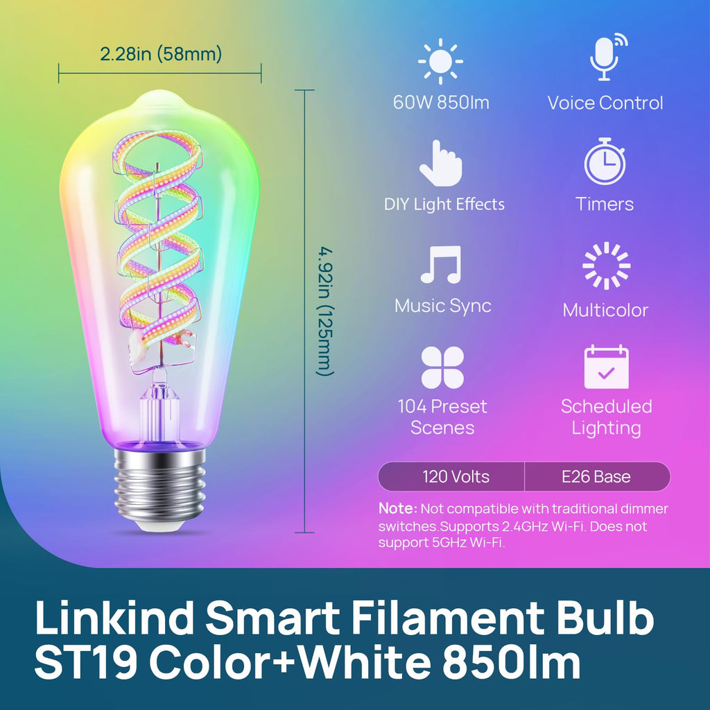 Linkind Matter Smart Bulbs, ST19/ST58 E26 Led Bulb Compatible with Alexa, Smart Light Bulbs, WiFi Bulbs, RGBTW Color Changing Light Bulb, 2.4Ghz WiFi Bulb, 850 LM 1 Pack