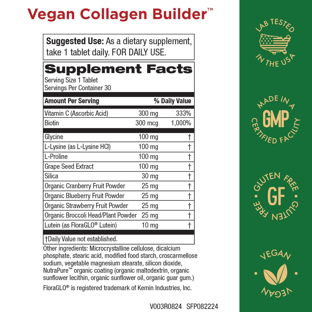 Vegan Collagen Builder - Organic Whole Foods Fruits + Veg, Silica, Lutein, Vitamin C, Biotin, Grape Seed - Amino Acids Glycine, Lysine + Proline Collagen Boosters (30 Servings, Tablets)