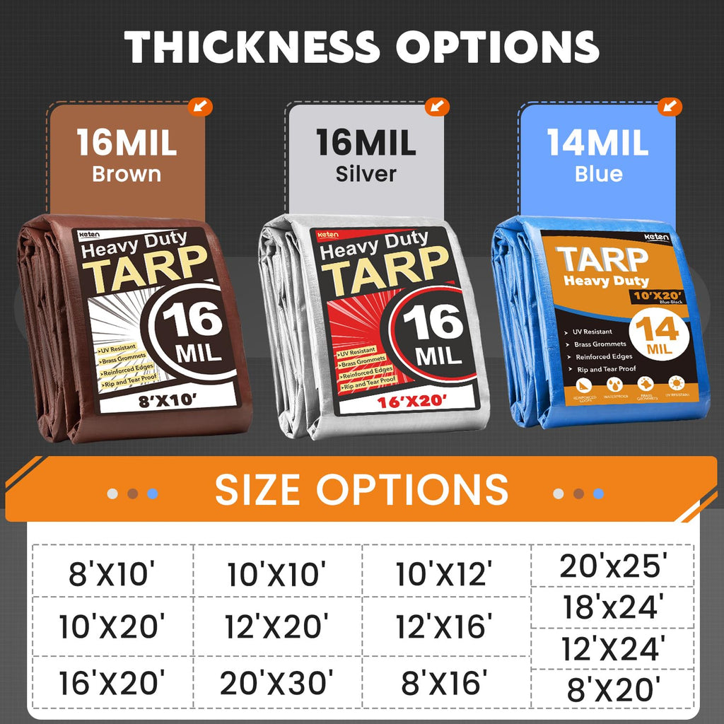 Keten Tarps Heavy Duty Waterproof 20X25 Feet, Extra Thick 16 Mil, Tear & Fade Resistant, UV Blocking, Outdoor Tarp with Reinforced Grommets for Roof, Camping, Patio, Pool, Boat(Silver/Black)
