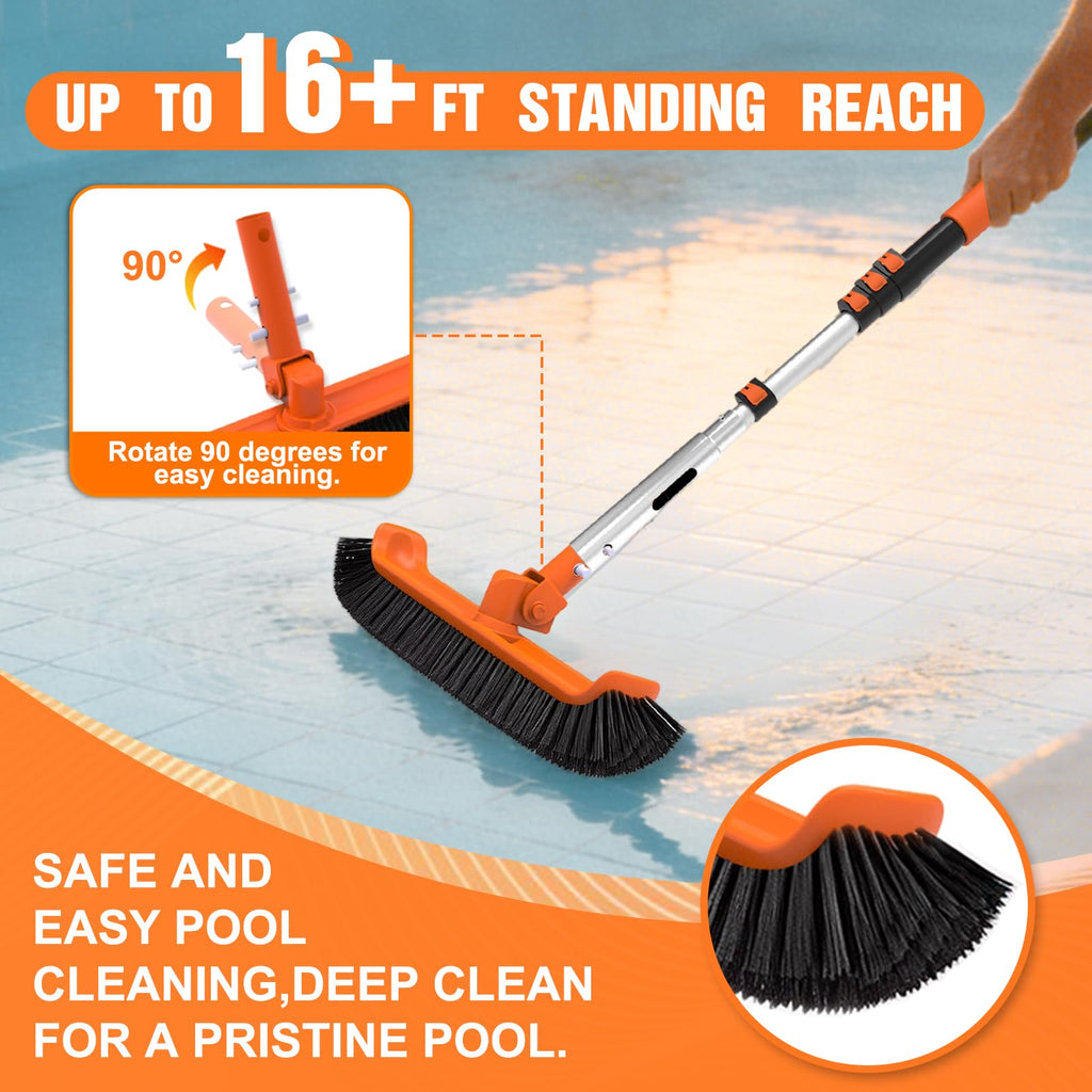 LAANPOLE Pool Brush with Pole, 16FT Heavy Duty Telescopic Pool Pole with 18" Pool Brush, Swimming Pool Scrubber Brush Head for Cleaning Walls, Tiles & Floors