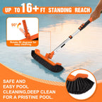 LAANPOLE Pool Brush with Pole, 16FT Heavy Duty Telescopic Pool Pole with 18" Pool Brush, Swimming Pool Scrubber Brush Head for Cleaning Walls, Tiles & Floors