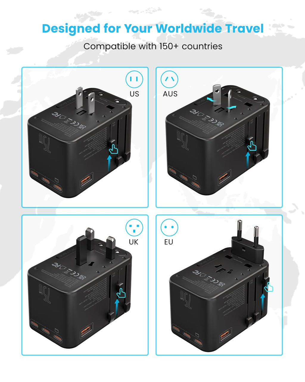 Universal Travel Adapter, VINTAR 75W GaN International Power Adapter with 3 USB C PD and 2 USB A QC, All in One Travel Essentials for UK/EU/USA/AUS, Travel Adapter Worldwide for Laptops Tablets Phones
