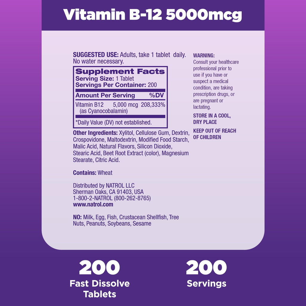 Natrol B12 Vitamins 5000 mcg, Fast Dissolve Vitamin B12 Supplement Supports a Healthy Nervous System and Energy Metabolism, 200 Tablets, Up to a 200 Day Supply