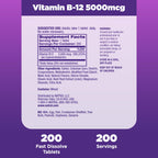 Natrol B12 Vitamins 5000 mcg, Fast Dissolve Vitamin B12 Supplement Supports a Healthy Nervous System and Energy Metabolism, 200 Tablets, Up to a 200 Day Supply