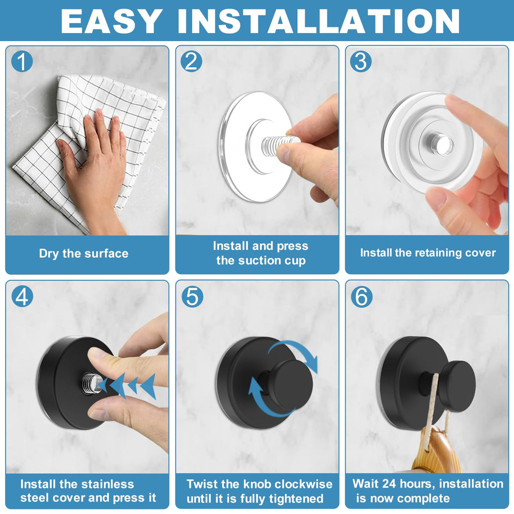 Hviiso Vacuum Suction Cup Hooks for Shower, Shower Hooks for Inside Shower Glass Window, Mirror, No Drill Towel Hooks for Bathrooms, Bath Robe Coat Looafh Wreath Hook for Hanging - 4 Pack, Black