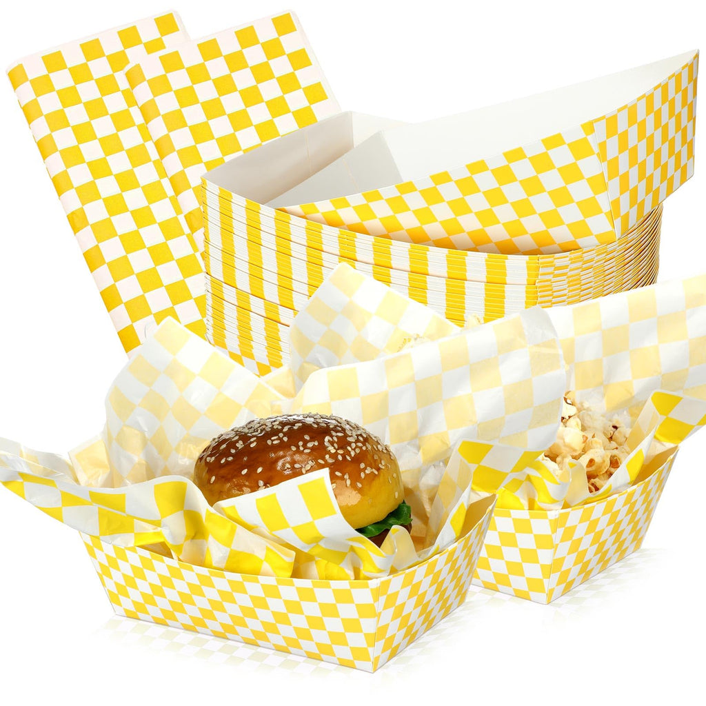 Geosar 100 Pcs Gingham Party Supply Disposable Paper Food Tray Bulk Disposable Food Boat with Checkered Wax Paper Sheet Checkered Wrapping Supply for Carnival Picnic Birthday Party (Yellow White)
